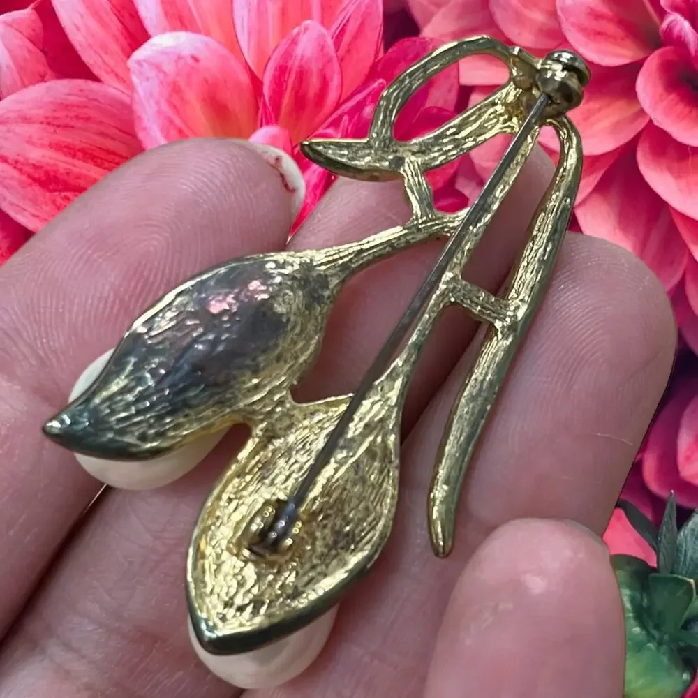 Vintage 70s Pearl and Crystal Stone Gold Brooch Double Pearl Drip Granny Cottage